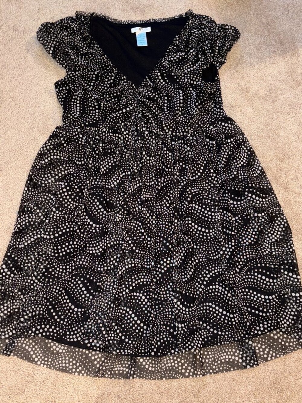 London Times Black White Polka Dot Cap Sleeve Baby Doll Short Dress 16